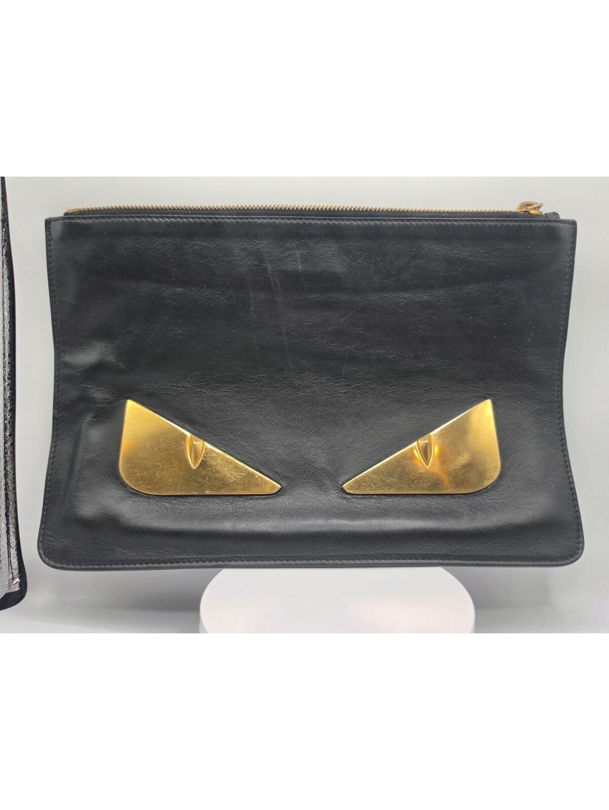 Fendi Bag Bugs Monster Eyes Black Leather Zip Clutch Pouch Italy